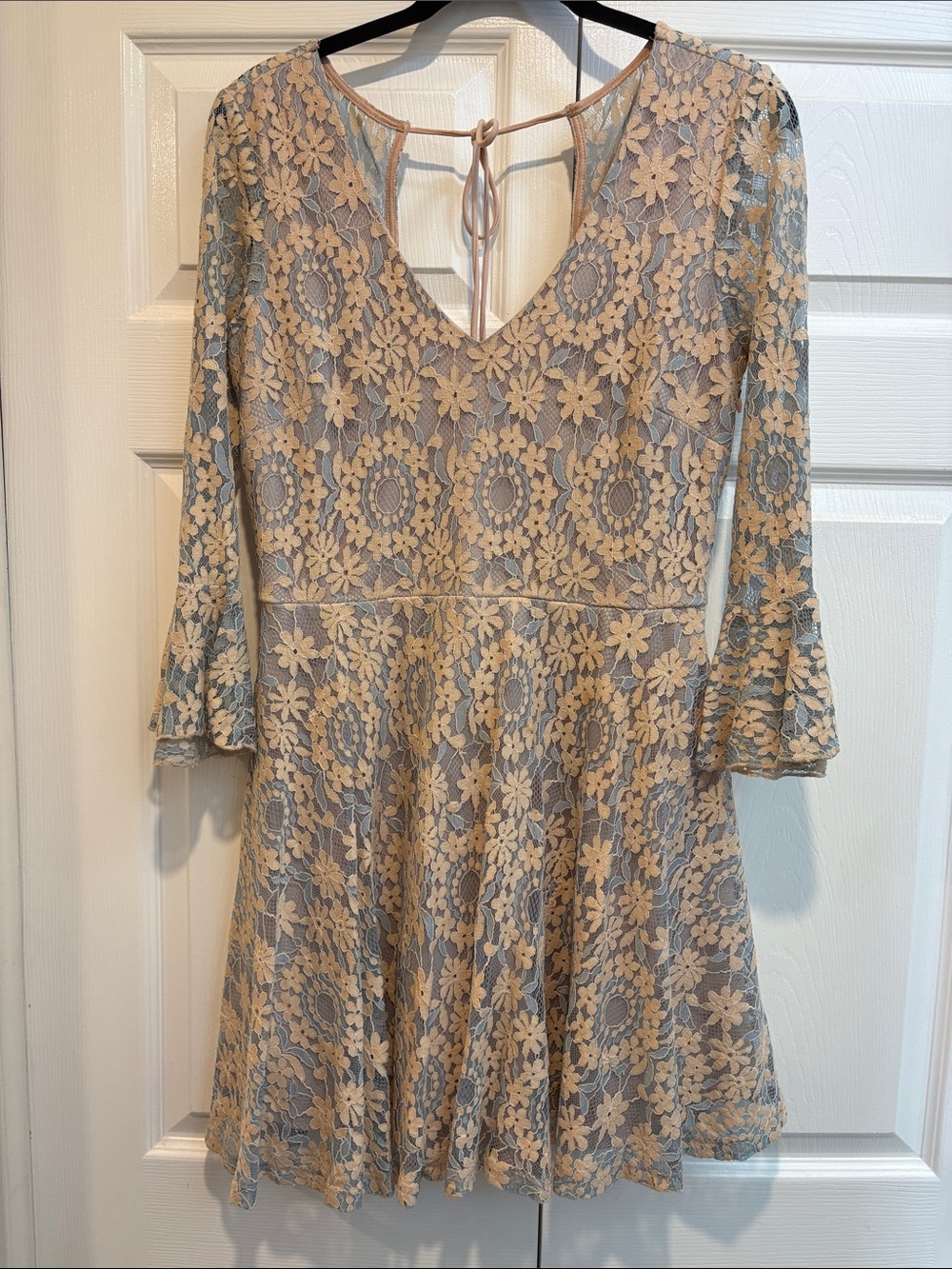 Mystic Beige and Light Blue Floral Lace Long Sleeve Dress